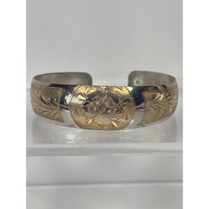 Vintage Sterling Silver 2 Tone 925 Etched Floral Cuff Texture Bangle Bracelet